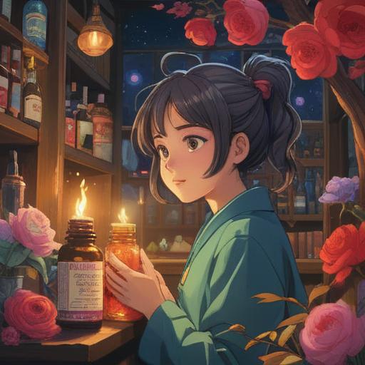 A serene scene depicting a person enjoying a fragrant environment, vibrant essential oil bottles, blooming flowers releasing aromatic scents, a peaceful setting with soft lighting, close-up of a relaxed face experiencing the bliss of aroma, gentle breeze flowing, soothing color palette, 4k