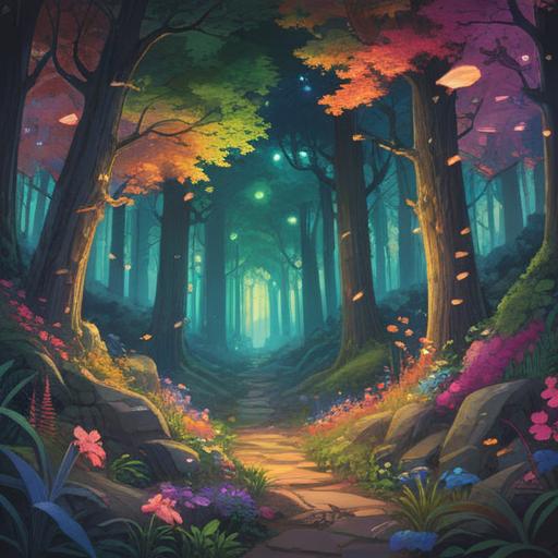 A serene illustration depicting a mystical forest, vibrant flowers releasing swirling scents, ethereal lights illuminating the scene, a gentle breeze causing petals to dance, a meditative figure inhaling deeply with eyes closed, surrounded by nature's beauty, spiritual symbols subtly interwoven among the foliage, calming colors, harmonious atmosphere, 4k
