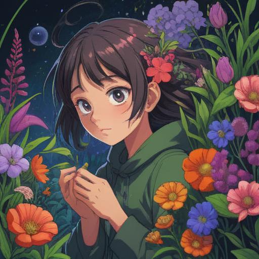 A whimsical illustration of a person discovering their heightened sense of smell, surrounded by vibrant flowers and aromatic herbs, colorful scents swirling around, featuring a lucky charm like a four-leaf clover or a dreamcatcher, capturing the essence of fragrant experiences, cheerful expression, enchanting atmosphere, detailed surroundings, 4k