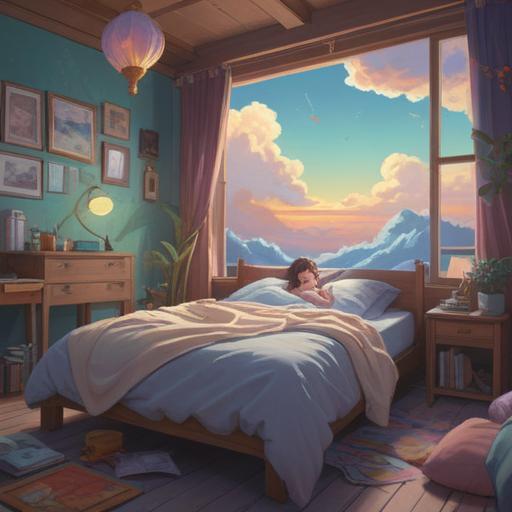 A serene and dreamy illustration depicting the spiritual meaning of snoozing, soft pastel colors, ethereal clouds surrounding a relaxed figure in bed, gentle morning light filtering through curtains, symbolism of rejuvenation and introspection, peaceful atmosphere, dreamy expressions, 4k