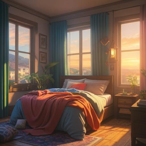 A serene morning scene, gentle sunlight filtering through curtains, a cozy bed with soft blankets, a person peacefully asleep, dreaming of vibrant spiritual symbols, ethereal glow surrounding the figure, a sense of tranquility and renewal, the essence of a second sleep, calm atmosphere, focus on restful exploration, nature-inspired elements, 4k