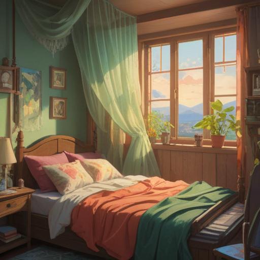 A serene and dreamy illustration depicting a cozy bedroom scene, a person peacefully sleeping in bed, soft sunlight filtering through sheer curtains, ethereal symbols floating around representing spiritual signs, gentle colors blending harmoniously, a clock showing a later time, with an aura of tranquility, inviting atmosphere, 4k