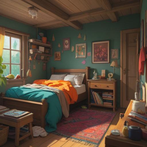 A cozy bedroom scene, a sunlit bed with rumpled sheets, a person joyfully waking up, surrounded by lucky items like a four-leaf clover, a lucky charm, and a cat, a warm and inviting atmosphere, soft morning light filtering through the window, 4k