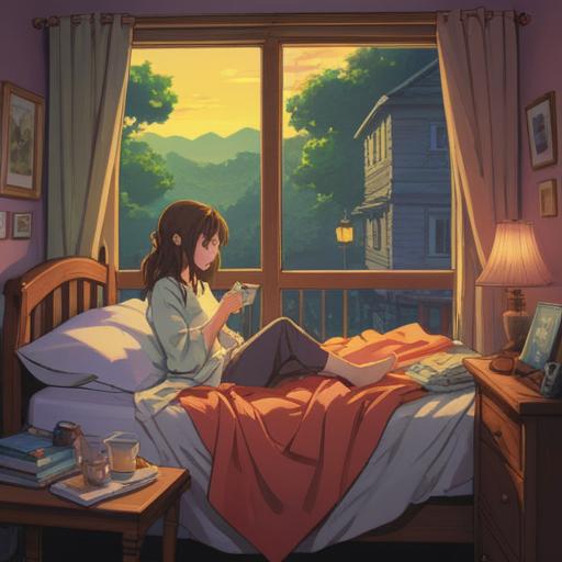 A cozy morning scene, a person stretching in bed after a second sleep, soft sunlight filtering through curtains, a warm cup of tea on the bedside table, a fluffy blanket, peaceful expression, gentle atmosphere, serene bedroom setting, inviting comfort, 4k