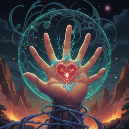 A mystical representation of a person's palm with two prominent heart lines, glowing with ethereal light, surrounded by swirling energies, symbols of spiritual awakening, intricate details of the lines, harmonious color palette, serene atmosphere, suggestive of heightened intuition and self-discovery, 4k