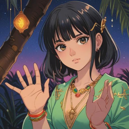 A beautiful illustration of a pair of intertwined life lines on a palm, accented by sparkling lucky jewelry such as a gold bracelet and a pendant, vivid colors, enchanting details, mystical atmosphere, symbolizing good fortune and duality, surrounded by soft light and floral elements, 4k