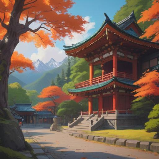 A serene landscape featuring the spiritual essence of Nikko's Futarasan Shrine, ancient trees surrounding the shrine, a tranquil mountain backdrop, vibrant autumn leaves, traditional Japanese architecture, peaceful atmosphere, worshippers engaged in prayer, ethereal light filtering through branches, reflection of the shrine in a nearby pond, harmonious coexistence with nature, 4k