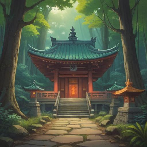A serene illustration of the Niikura Shrine, mystical ambiance, lush green forest surrounding the shrine, ethereal light filtering through trees, intricate shrine architecture, symbols of spirituality, peaceful atmosphere, harmonizing with nature, 4k