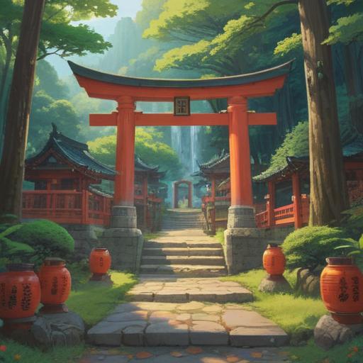 A serene illustration of the Futarasan Shrine, surrounded by lush greenery, sacred torii gates, people meditating, subtle spiritual signs like floating orbs, ethereal light rays breaking through the trees, tranquil atmosphere, traditional Japanese architecture, mystical vibes, 4k