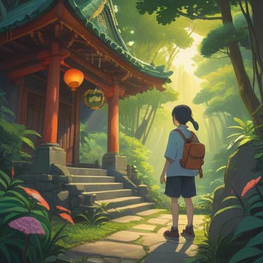 A serene illustration of a visitor at Futaarasan Shrine, surrounded by lush greenery, holding a lucky charm, soft sunlight filtering through the trees, a sense of peace and spirituality, traditional Japanese architecture in the background, vibrant colors, detailed textures, capturing the essence of luck and tranquility, 4k