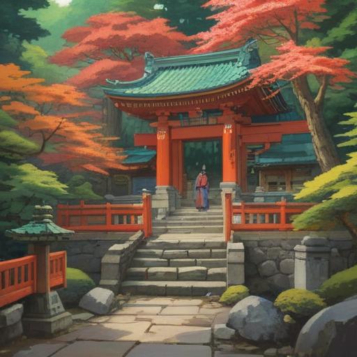 A serene illustration of visitors at Nikko's Futarasan Shrine, capturing emotional connections through shared experiences, lush greenery surrounding the shrine, traditional architecture reflecting Japanese spirituality, soft sunlight filtering through trees, peaceful expressions on the faces of people, deep cultural significance, tranquil atmosphere, 4k