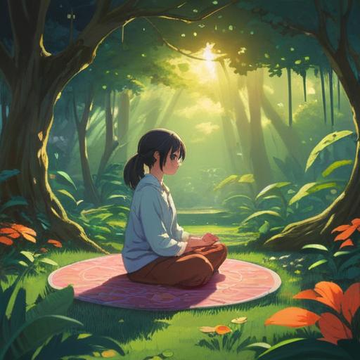 A soothing scene of a serene garden, gentle sunlight filtering through the leaves, a person meditating peacefully on a soft mat, surrounded by blooming flowers, symbols of healing and tranquility, birds chirping in the background, a sense of inner calm and emotional well-being, 4k