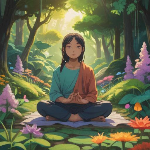A serene and calming illustration featuring a person meditating in a tranquil garden, soft sunlight filtering through trees, surrounded by blooming flowers, gentle energy emanating from their arms symbolizing healing, spiritual elements like crystals and light orbs floating around, peaceful atmosphere, vibrant yet soothing colors, 4k