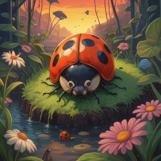 A spiritual representation of a two-star ladybug, vibrant colors, delicate details, natural surroundings, symbolic imagery, a sense of peace and harmony, gentle presence, ethereal glow, serene atmosphere, 4k