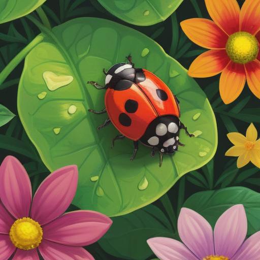 A two-star ladybug resting on a vibrant green leaf, surrounded by blooming flowers, symbolizing spiritual guidance and positive omens, radiant sunlight filtering through the trees, harmonious nature scene, intricate details of the ladybug's markings, serene atmosphere, colorful and uplifting, 4k