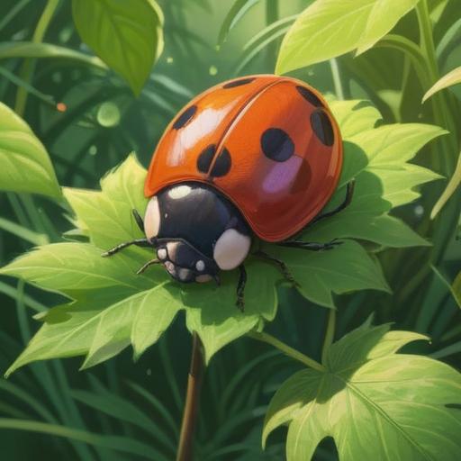 A vibrant illustration of a ladybug with two distinctive stars on its back, surrounded by a lush green garden, sunlight filtering through the leaves, a sense of wonder and luck in the air, a glowing number seven appearing in the background, capturing the moment of joy and fortune, colorful flowers and soft grass, whimsical atmosphere, 4k