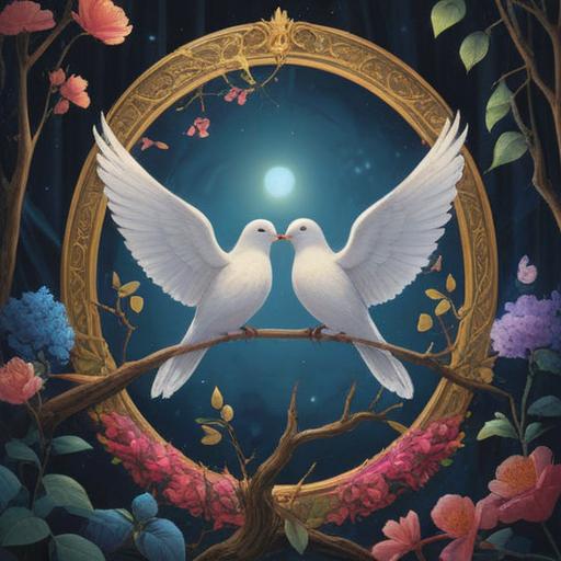 A serene illustration of two doves perched on a branch, surrounded by a soft halo of light, symbolic of peace and spirituality, ethereal atmosphere, gentle color palette, natural setting, representing unity and harmony, intricate feather details, 4k