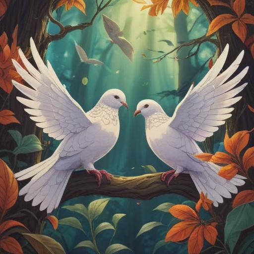 Two doves symbolizing a spiritual good omen, serene scenery, gentle sunlight filtering through leaves, tranquil environment, harmony and peace, soft feather textures, graceful postures, subtle light reflections, uplifting mood, 4k