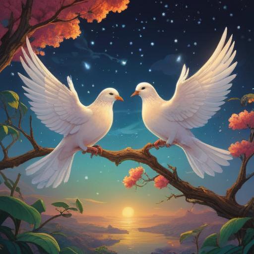 A serene scene featuring two doves perched on a branch, embodying peace and harmony, surrounded by a softly glowing aura, symbolizing spiritual guidance, gentle sunlight filtering through leaves, vivid details of feathers, calm and reflective atmosphere, 4k