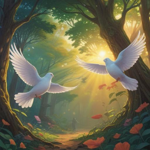 A serene scene of two doves interacting with a person, bright sunlight filtering through trees, a feeling of peace and hope, symbolic representation of luck, lush greenery in the background, gentle expressions on the doves, soft focus, tranquil atmosphere, vibrant colors, 4k