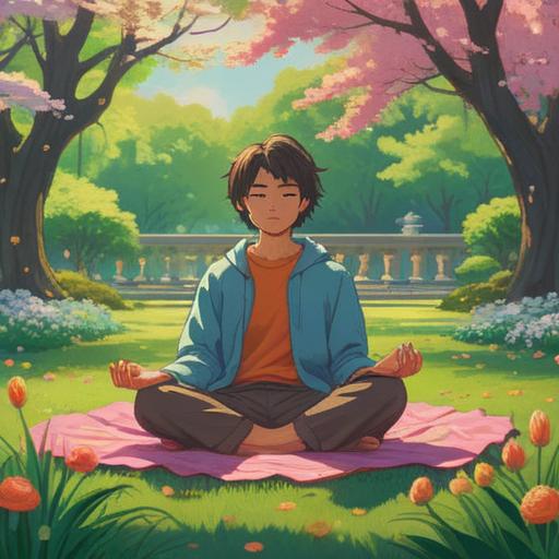 A serene and uplifting scene, a person meditating in a sunlit park, surrounded by blossoming flowers and gentle breeze, embodying openness and positivity, a symbol of attracting meaningful connections, vibrant colors, harmonious atmosphere, peaceful expression, 4k
