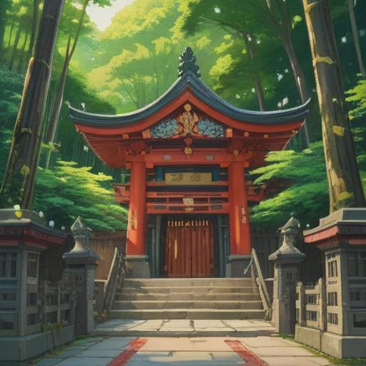 A serene illustration of Namba Yasaka Shrine, symbolizing spiritual significance, majestic lion-shaped shrine architecture, lush green surroundings, peaceful atmosphere, worshippers in traditional clothing, spiritual rituals, vibrant colors, 4k