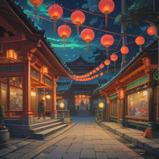 A serene and mystical illustration of Namba Yasaka Shrine, vibrant colors, ethereal atmosphere, traditional Japanese architecture, spiritual symbols in the surrounding nature, visitors engaging with the shrine, subtle signs of spirituality, tranquil environment, 4k