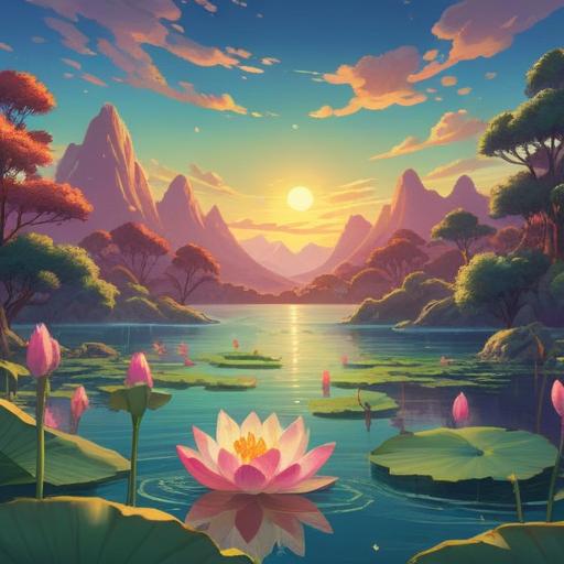 A serene and peaceful landscape, featuring a glowing lotus flower surrounded by gentle waves, symbols of enlightenment and spirituality, soft sunlight filtering through trees, ethereal atmosphere, harmonious colors reflecting calmness, 4k