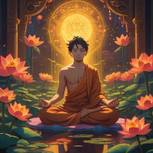 A serene scene depicting a person in meditation, surrounded by vibrant lotus flowers, golden light radiating from a sacred scroll with the phrase