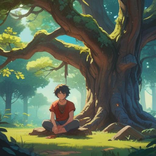 A serene and tranquil scene depicting spiritual growth, a meditative individual sitting cross-legged under a large ancient tree, gentle sunlight filtering through the leaves, soft flowing water nearby, vibrant flowers representing inner peace and enlightenment, harmonious colors, a sense of connection with nature, ethereal and uplifting atmosphere, 4k