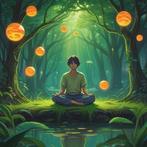 A serene illustration of a person meditating in a lush green landscape, gentle south wind blowing, glowing orbs of positive energy surrounding, vibrant flowers blooming, soft sunlight filtering through the trees, tranquil atmosphere, deep connection with nature, spiritual awakening, harmonious vibes, 4k