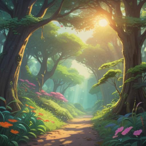 A serene scene depicting a gentle southern breeze, whispering through lush trees, vibrant flowers swaying, soft sunlight filtering through leaves, ethereal glow surrounding spiritual symbols, calm and reflective atmosphere, subtle hints of guidance, harmonious connection with nature, 4k