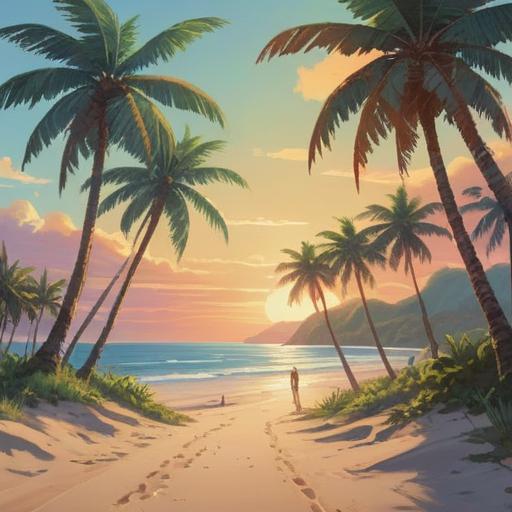 A tranquil scene of a sunny beach, gentle waves caressing the shore, soft sand underfoot, vibrant palm trees swaying in the breeze, bright blue sky with fluffy white clouds, people enjoying the sunlight, the essence of relaxation and positive energy, inviting atmosphere, serene color palette, 4k