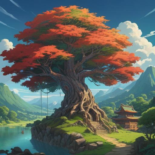 A serene landscape featuring a Nanten tree under a clear sky, symbolizing resilience and good fortune, lush green leaves, red berries representing protection and spiritual significance, harmonious surroundings with gentle sunlight filtering through, peaceful atmosphere, detailed depiction of nature, 4k