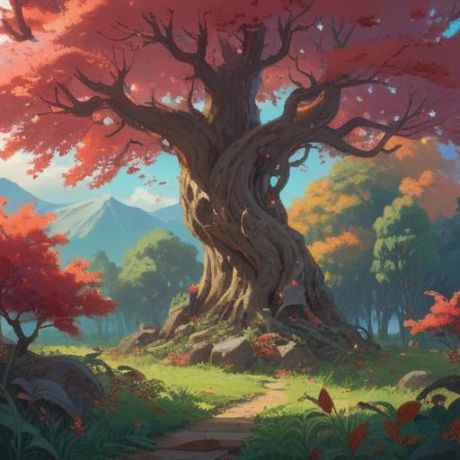 A serene landscape featuring a Nanten tree, vibrant red berries, symbolizing spiritual good signs, gentle sunlight filtering through leaves, peaceful atmosphere, harmonious nature, Japanese cultural elements, intricate details of the tree, calming scenery, 4k