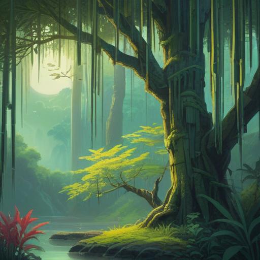 A serene and mystical scene depicting a Southern Heavenly Bamboo tree, symbolic of spiritual awakening, ethereal light surrounding the tree, thoughtful expression on a person observing the tree, vibrant green and red foliage, gentle breeze, clarity of purpose, moments of reflection and insight, harmonious balance with nature, 4k