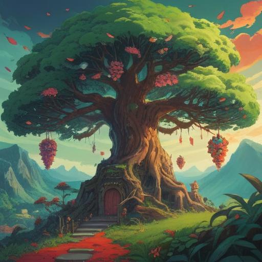 A vibrant and serene illustration of a Nanten tree, showcasing its vivid red berries and lush green leaves, surrounded by a calming garden scene, symbolizing good fortune and positive energy, sunlight filtering through the branches, a harmonious blend of nature and tranquility, intricate details on the tree bark and surrounding flora, 4k