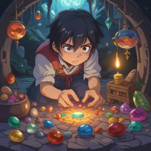 A serene and inviting illustration of a person selecting lucky stones for confidence-building, surrounded by a variety of colorful gemstones, detailed layout showcasing each stone's unique texture and color, a calming environment with soft natural lighting, the individual looking thoughtful and empowered, the scene conveying a sense of tranquility and personal growth, 4k