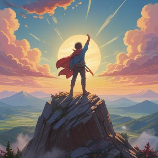 A serene and uplifting scene depicting a person standing on a mountain peak, arms raised in victory, sunlight breaking through clouds, symbolizing resilience and hope, surrounded by beautiful nature, vibrant colors, emotional expression, inspiring atmosphere, 4k