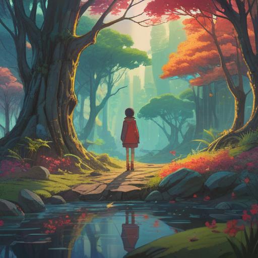 An introspective and serene scene, representing an introverted person in a tranquil nature setting, surrounded by soft light and gentle colors, meditative pose, ethereal aura, symbols of spiritual growth like blossoming flowers and flowing water, a calm expression reflecting inner peace, detailed foliage, harmonious atmosphere, 4k