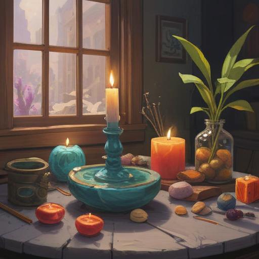 A serene still life composition featuring a collection of lucky items for introverts, such as a smooth polished stone, a lit candle, a cozy blanket, an open book with a steaming cup of herbal tea beside it, soft natural lighting filtering through a window, peaceful atmosphere, inviting and comforting vibe, 4k