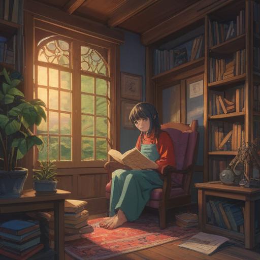 A serene indoor scene, a cozy reading nook with soft lighting, a person sitting with a journal and a cup of tea, surrounded by plants and books, tranquil atmosphere, gentle colors, reflection and contemplation, inspiring quotes on the wall, peaceful and inviting space, 4k