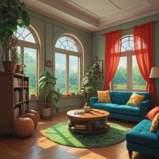 A cheerful living room setting, bright natural light streaming through windows, featuring lucky charms like a four-leaf clover and a horseshoe, inviting atmosphere, open house context, potential homeowners exploring the space, vibrant colors, warm decor, positive energy, 4k
