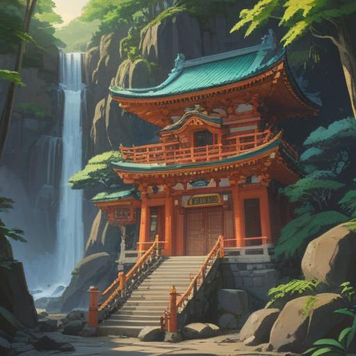 A serene depiction of Nachi Taisha Shrine, surrounded by lush greenery and majestic waterfalls, symbolizing spiritual connection and enlightenment, the sacred torii gate standing majestically, traditional architecture reflecting harmony with nature, tranquil atmosphere, deep blue sky, gentle sunlight filtering through the trees, 4k