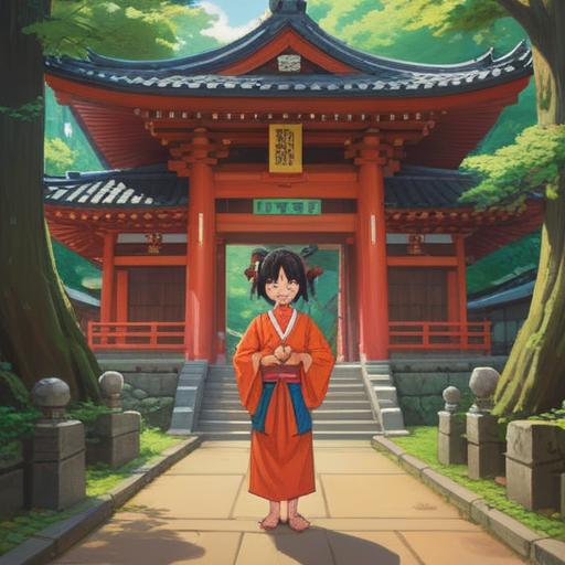 A serene scene at the Nachi Taisha Shrine, a visitor holding a lucky item after offering prayers, lush greenery surrounding the shrine, traditional Japanese architecture, soft sunlight filtering through trees, peaceful atmosphere, cultural significance, vibrant colors, joyful expression, sacred ritual, 4k