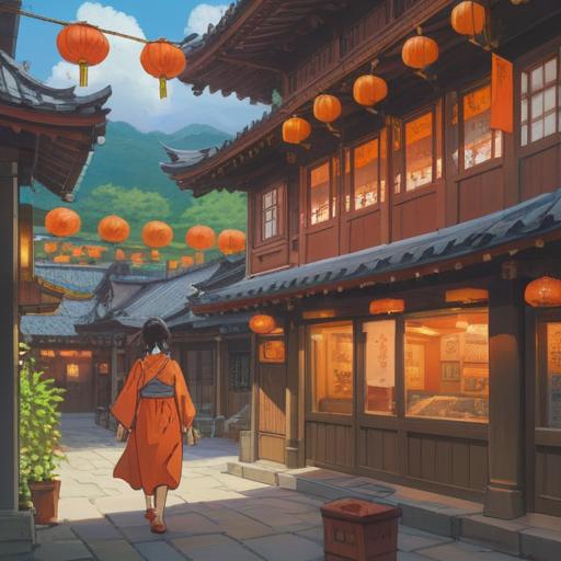 A serene and inspiring scene of visitors exploring souvenir shops after worshiping at Nachi Taisha, vibrant traditional crafts displayed, joyful expressions on their faces, lush green surroundings reflecting the spiritual atmosphere, tranquil yet lively ambiance, rich cultural heritage, 4k