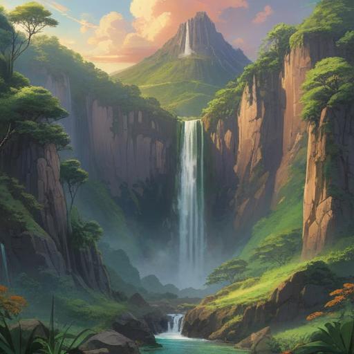 A serene landscape featuring Nachi Falls, a majestic waterfall cascading down lush green cliffs, a vibrant rainbow arching across the sky, symbolizing spiritual harmony and renewal, surrounded by ancient trees and misty atmosphere, tranquil setting, rich natural colors, 4k