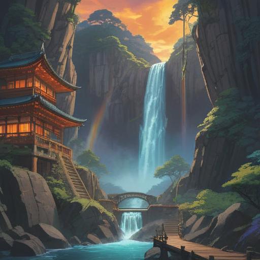 A mystical scene depicting the enchanting Nachi Falls, a vibrant rainbow arching gracefully across the cascading water, symbolic of spiritual blessings, lush greenery surrounding the falls, serene atmosphere, sunlight filtering through the trees, ethereal mist rising from the water, inviting sense of tranquility and hope, detailed nature elements, harmony with the environment, 4k