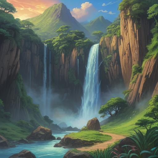 A serene landscape featuring Nachi Falls with a vibrant rainbow arcing across the sky, mystical atmosphere, lush greenery surrounding the waterfall, spiritual symbols subtly integrated into the scene, calming water sounds, magical light filtering through the trees, people gazing in awe, connection to nature, harmony with the universe, 4k