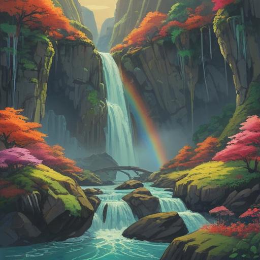 A serene illustration of Nachi Falls, vibrant rainbow arching over the cascading waters, a lucky stone resting on a moss-covered rock in the foreground, lush greenery surrounding the scene, soft sunlight filtering through the trees, tranquil atmosphere, enchanting natural beauty, high detail